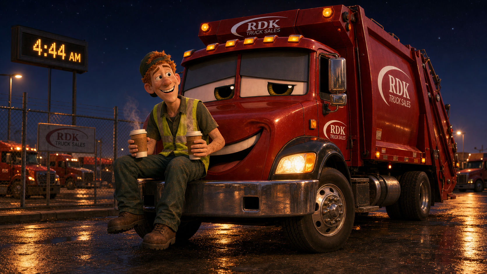 Gary the Garbage Man Part 3: teenager Russ sits alone on Big Bertha's bumper at 4:44 AM holding two cups of coffee, RDK Truck Sales story