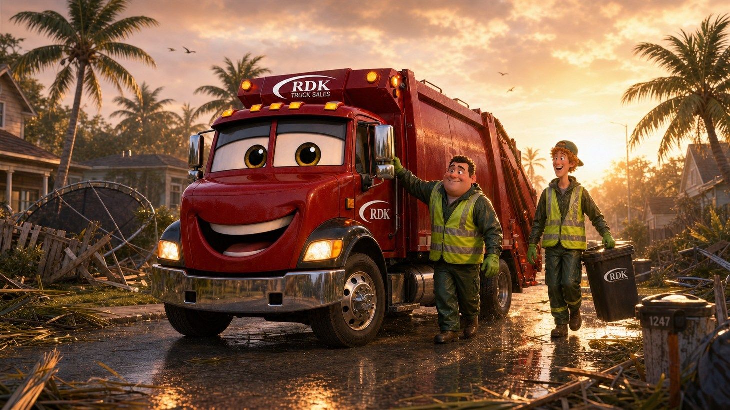 Pixar-style 3D illustration of a red garbage truck rolling out of the yard gates at dawn, storm clouds breaking up overhead