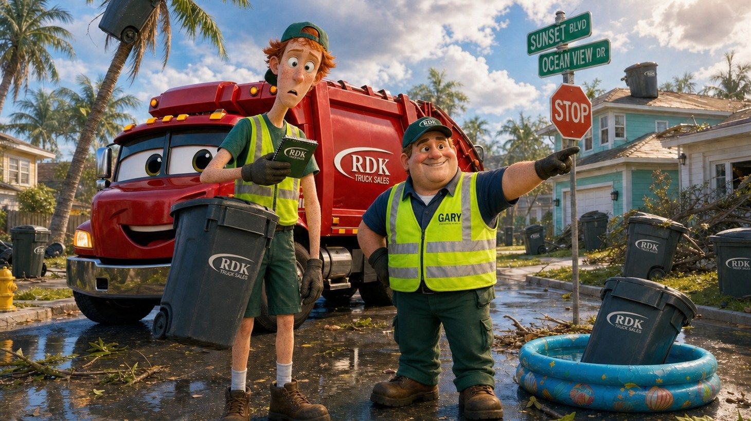 Illustration of dozens of trash cans scattered across storm-swept lawns and streets, blown blocks from where they started