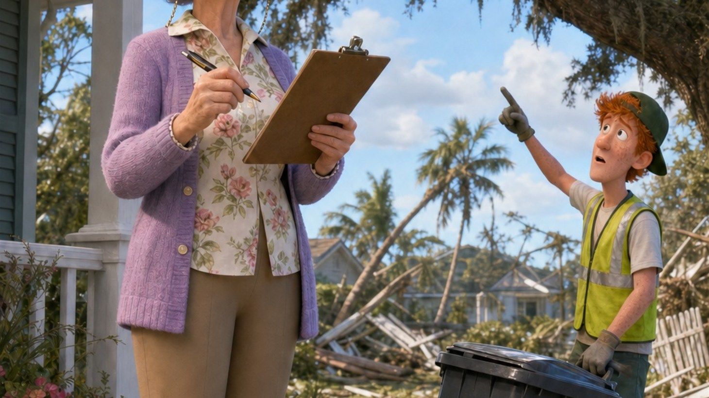 Illustration of a stern HOA president in rain boots on her porch holding a clipboard, with a pink lawn flamingo lodged fifteen feet up in the oak tree above her