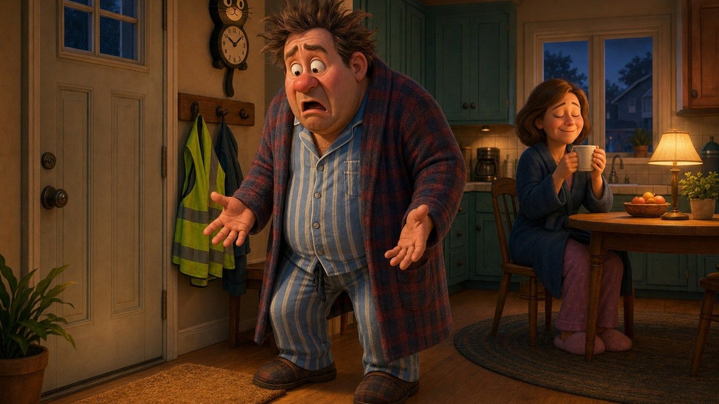 Pixar-style 3D illustration of Gary the Garbage Man's work boots placed high on a closet shelf, out of reach, on the morning his wife Linda decided he was staying home