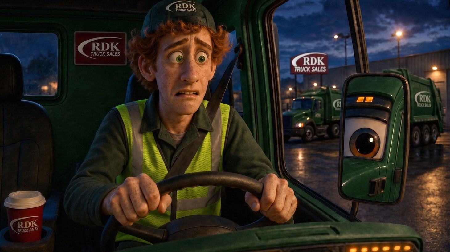 Pixar-style 3D illustration of teenage Russ driving Big Bertha, the dark green garbage truck, alone in the cab on the Northside route with the passenger seat empty