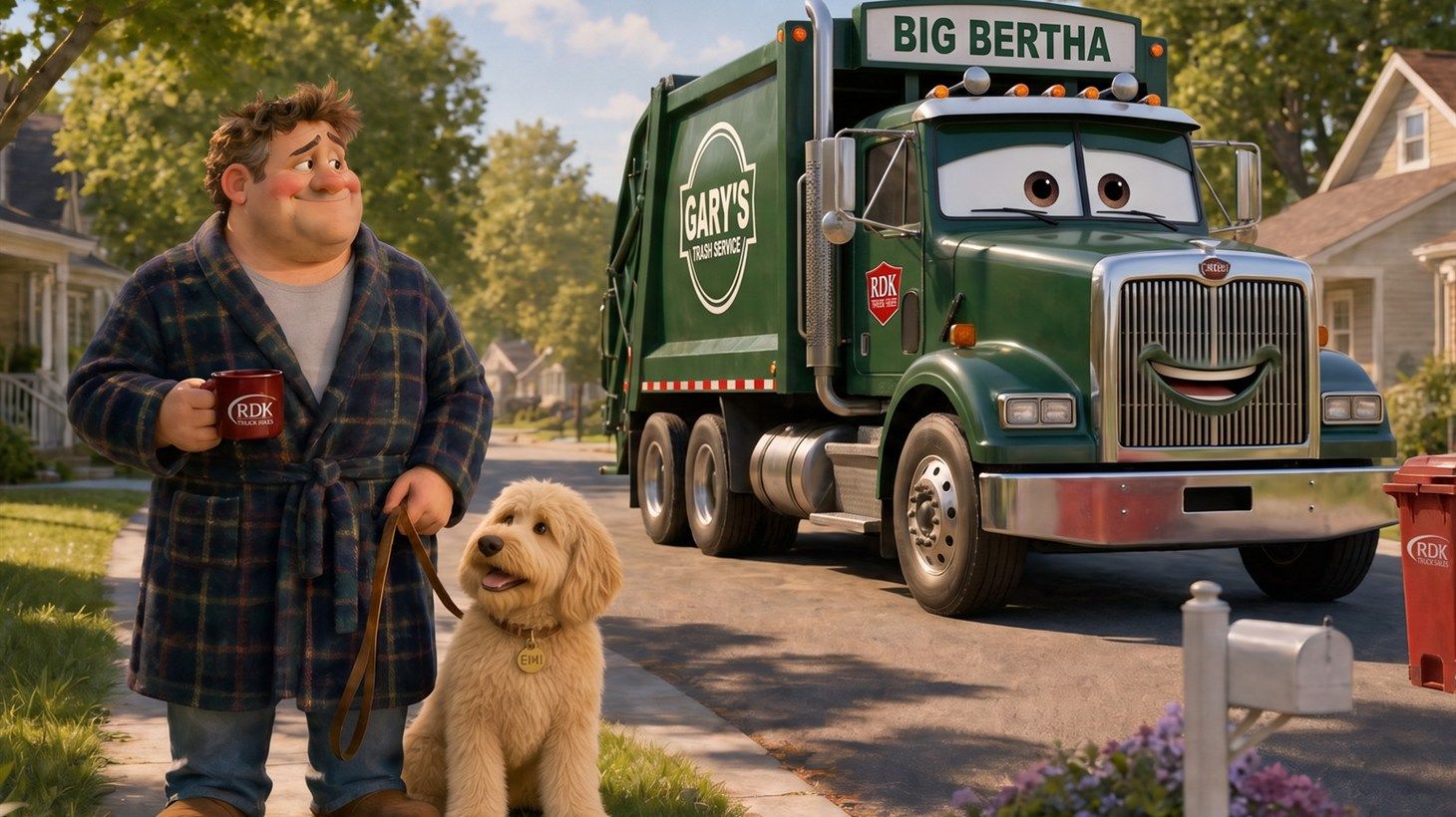 Pixar-style 3D illustration of Gary in a bathrobe watching Big Bertha and Russ finish the route from the sidewalk, holding Emi the goldendoodle's leash