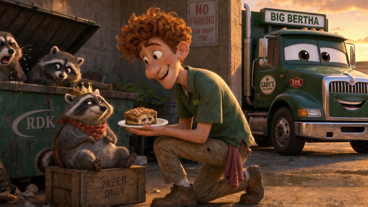 Pixar-style 3D illustration of Gerald the raccoon sitting on a dumpster rim near a strip mall bakery, holding an unofficial review of the new driver