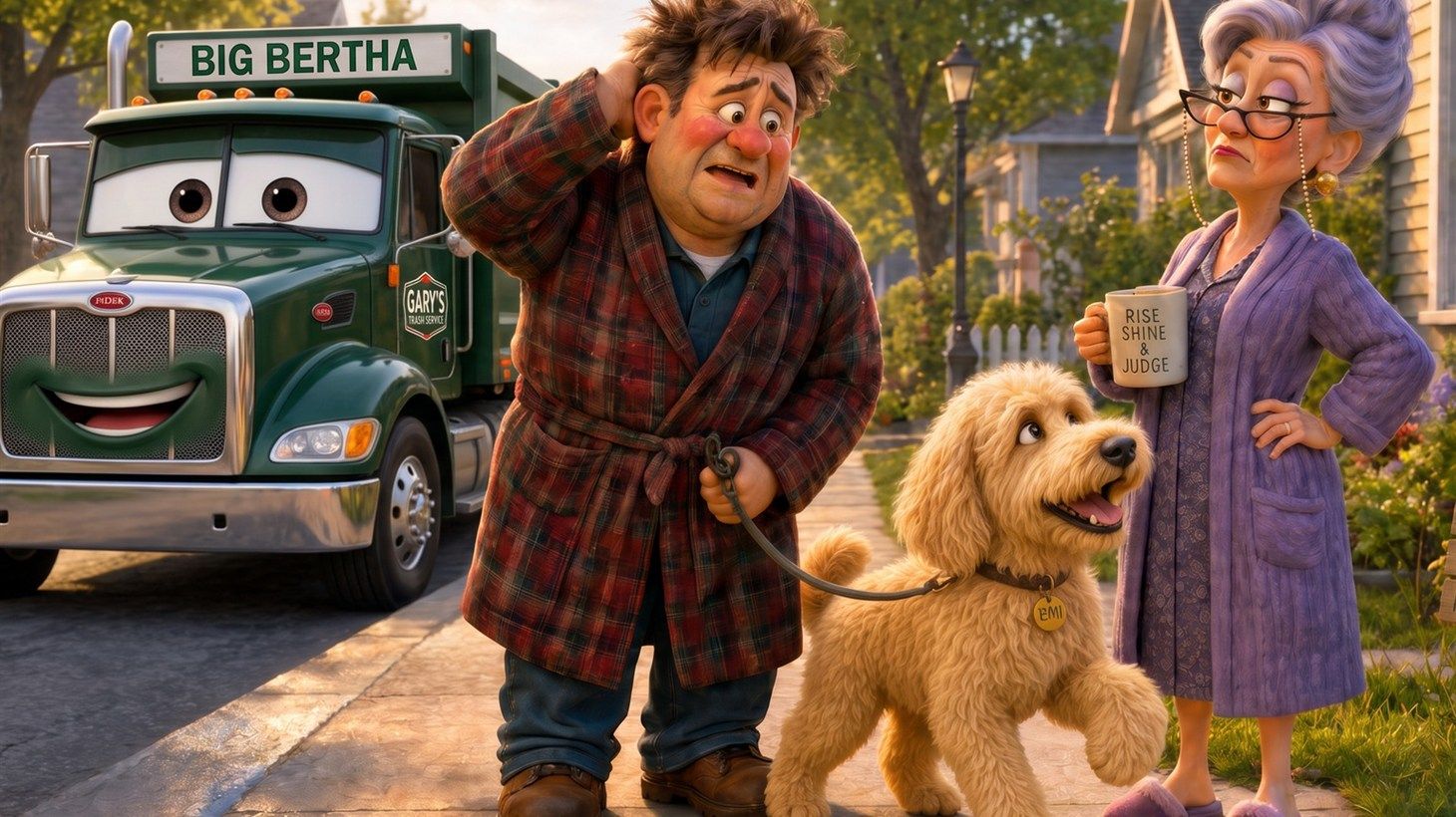Pixar-style 3D illustration of Mrs. Kravitz leaning over her hedge in a purple bathrobe with a coffee mug that says Rise Shine and Judge, catching Gary walking Emi the goldendoodle in his own bathrobe