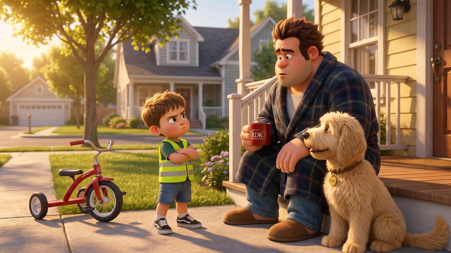 Pixar-style 3D illustration of a boy named Tommy squinting seriously at Russ through the cab window of Big Bertha, noticing Gary's empty seat