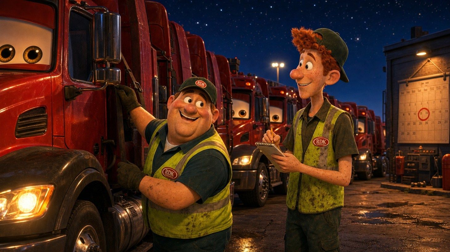 Gary and Russ checking a row of red RDK garbage trucks at night under yard floodlights, Russ holding a checklist notebook beside a wall calendar with September 10th circled in red marker