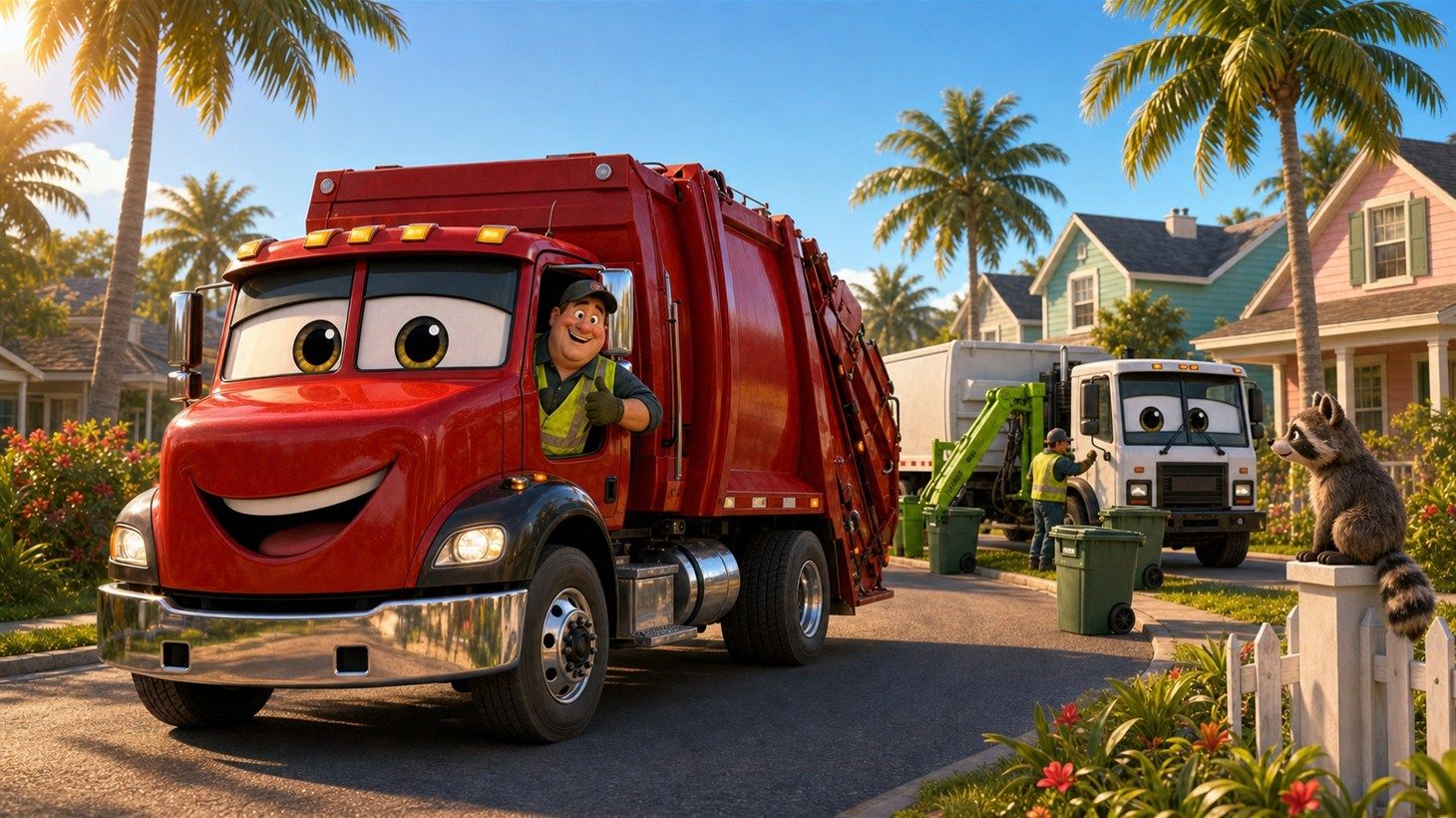 Big Bertha, a red RDK garbage truck with a cartoon face, driving down a sunny palm-lined Tampa street past pastel houses as a raccoon watches from a fence and a white side loader works in the background