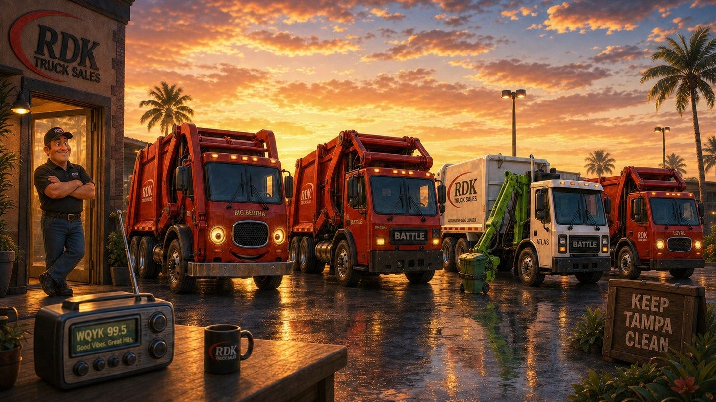 The RDK Truck Sales yard at golden-hour sunset with four garbage trucks — Big Bertha, Battle, Atlas, and Loyal — parked in a row, a portable radio and RDK coffee mug on a table in the foreground, and a sign reading Keep Tampa Clean