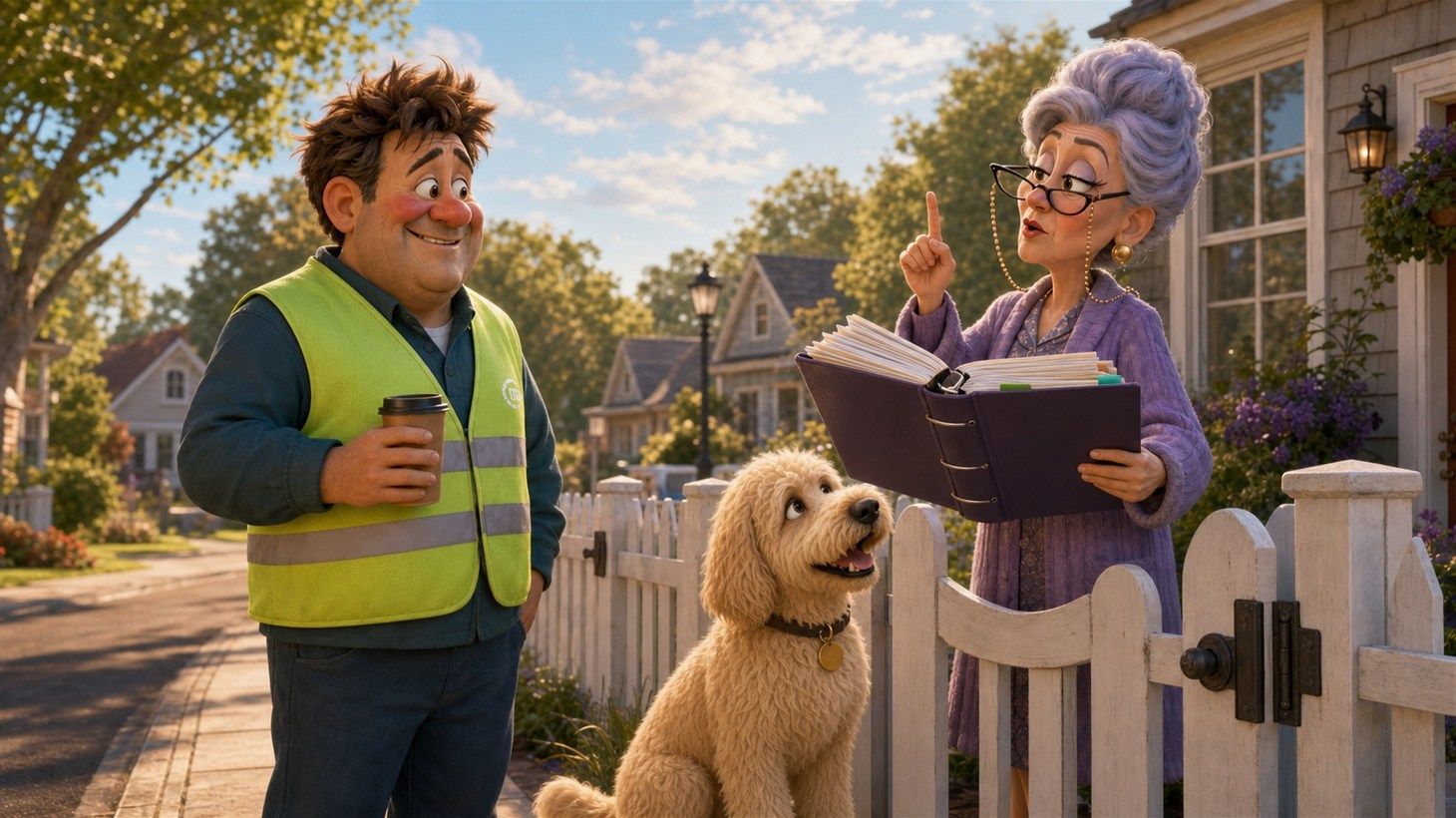Gary and a golden dog outside Mrs. Kravitz's white picket fence, Mrs. Kravitz holding an open emergency preparedness binder and pointing skyward while explaining her checklist
