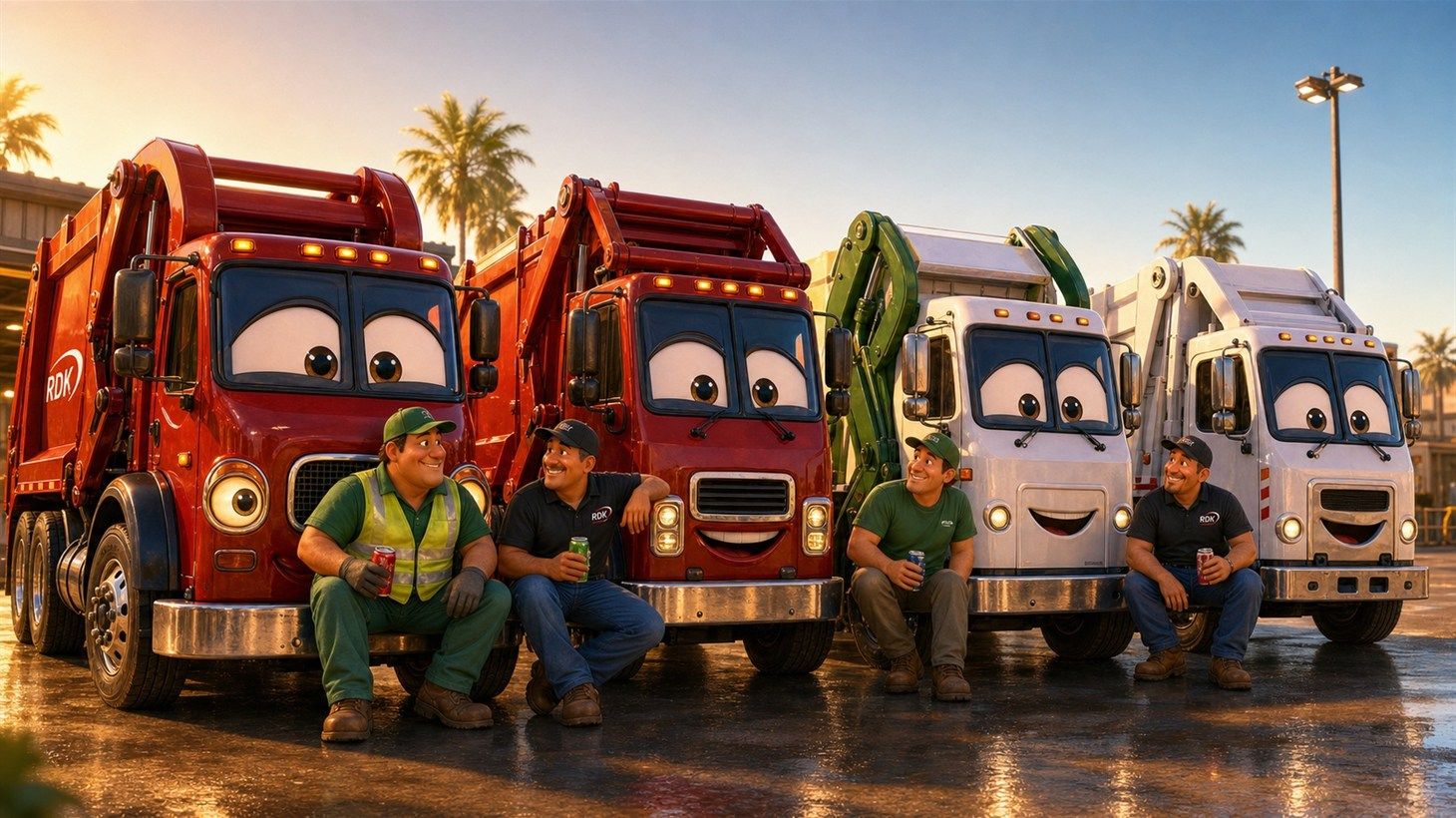 Four RDK crew members sitting on the front bumpers of Big Bertha, Battle, Atlas, and Loyal at sunset, holding drinks and smiling at each other after a quiet hurricane-season peak day