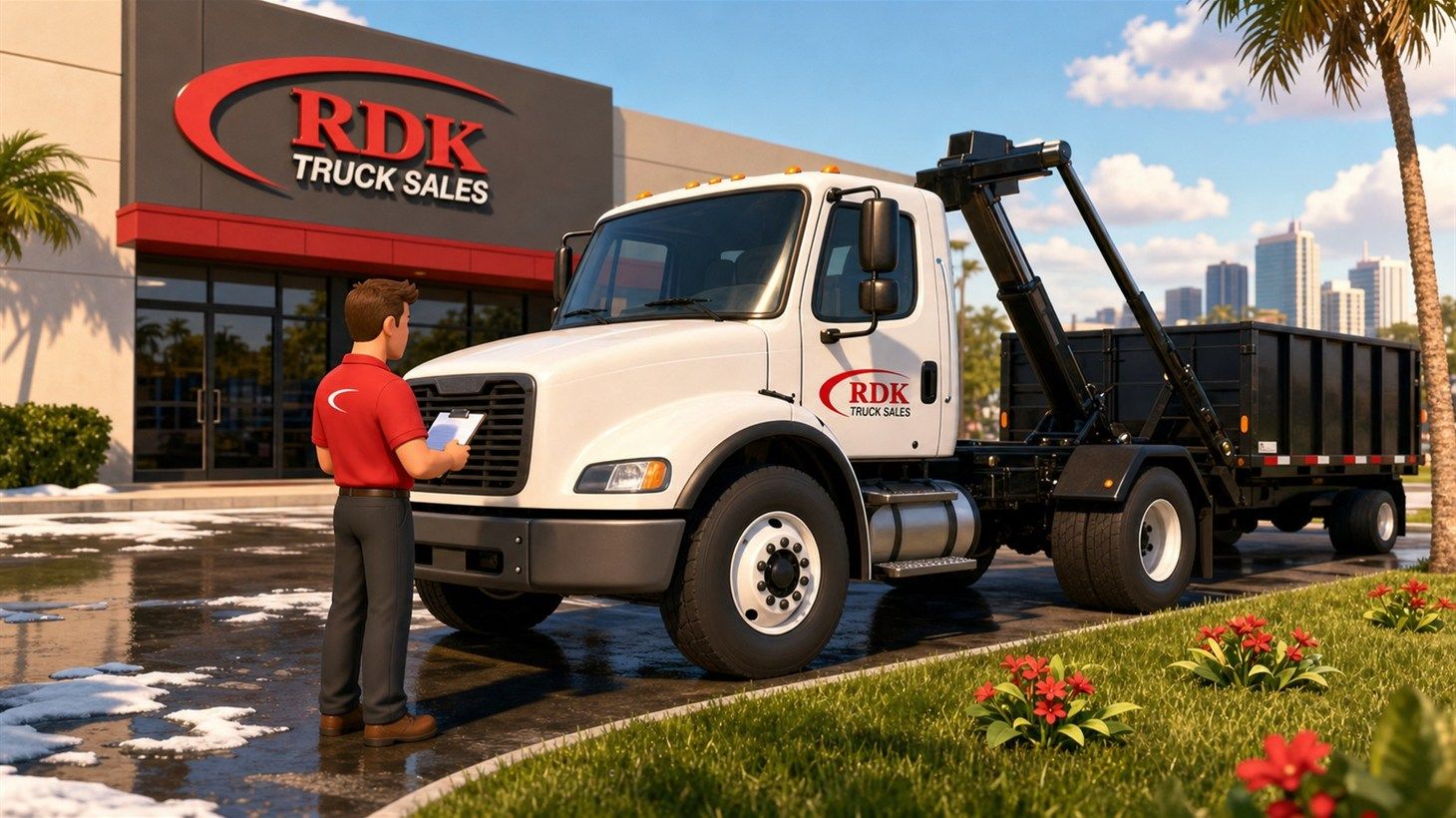RDK Truck Sales technician inspecting a roll-off truck outside the Tampa dealership as spring flowers bloom beside melting snow, marking the start of spring hydraulic maintenance season.