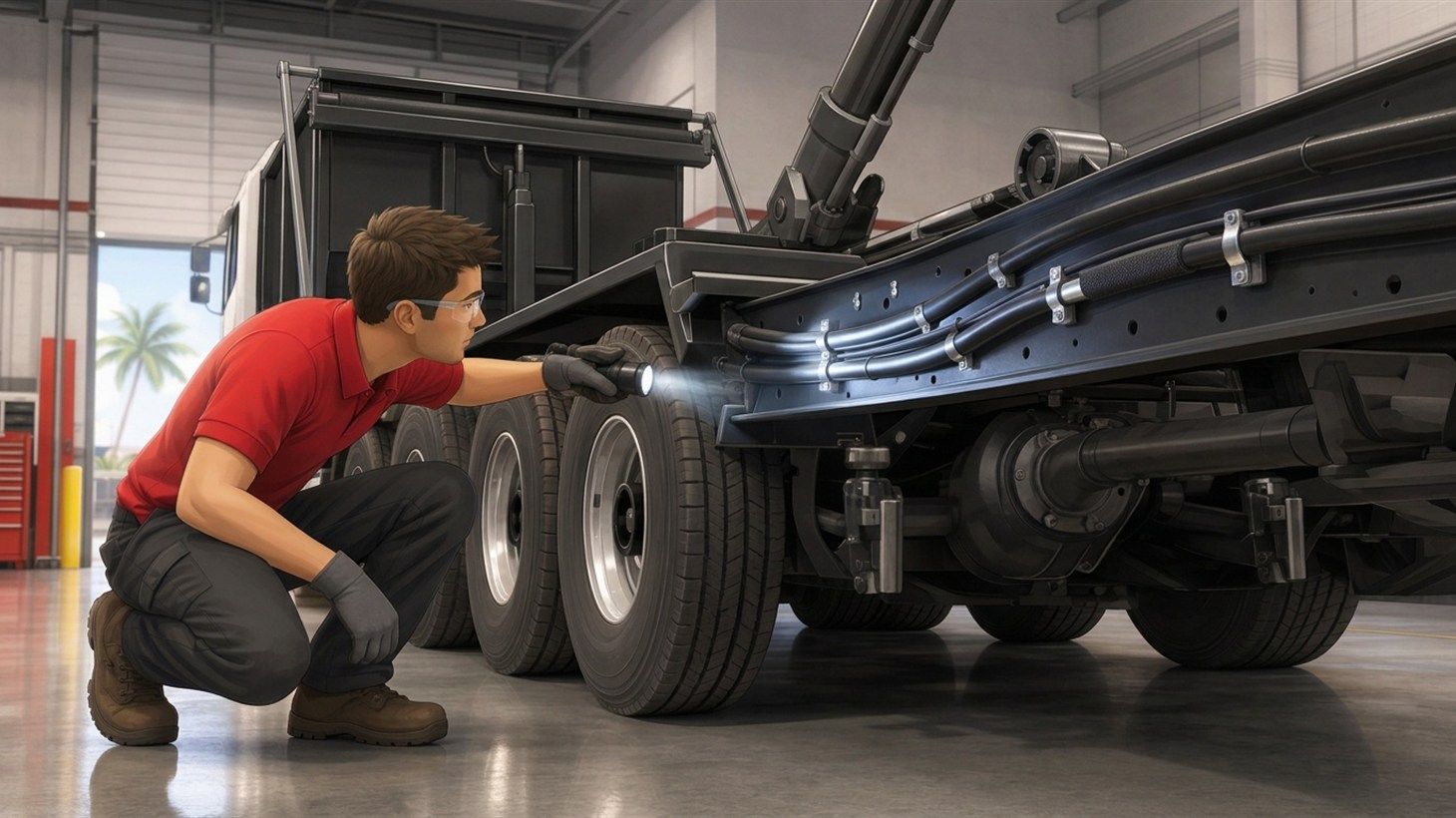 RDK Truck Sales technician using a flashlight to inspect a hydraulic hose underneath a garbage truck body for cracks, bulging, and chafe marks.