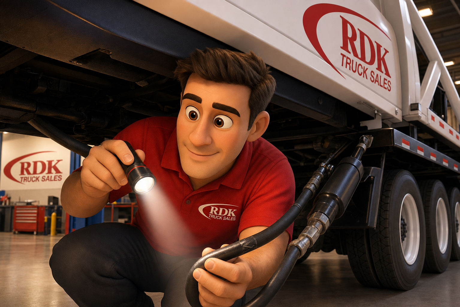 RDK Truck Sales technician using a flashlight to inspect a hydraulic hose underneath a garbage truck body for cracks, bulging, and chafe marks.