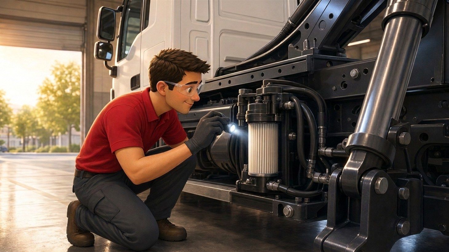RDK Truck Sales technician installing a new hydraulic filter next to a packer cylinder on a refuse truck during spring maintenance service.