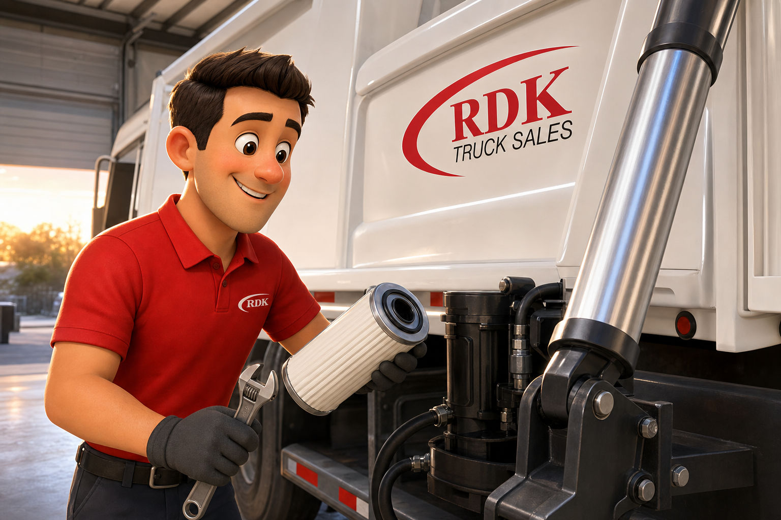 RDK Truck Sales technician installing a new hydraulic filter next to a packer cylinder on a refuse truck during spring maintenance service.