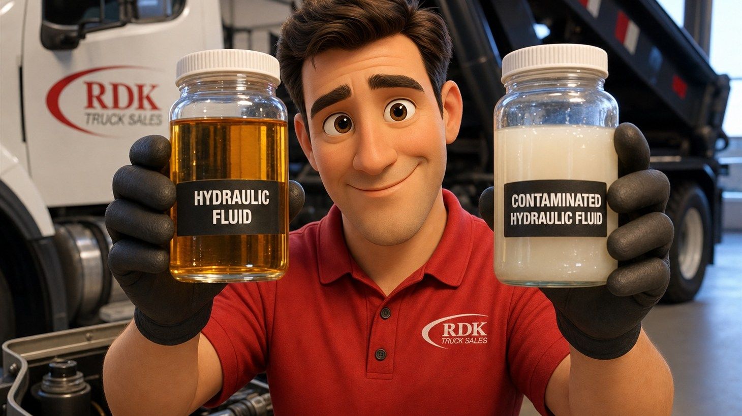 RDK Truck Sales technician holding two hydraulic fluid samples side by side, showing the difference between clean amber fluid and contaminated milky hydraulic fluid.