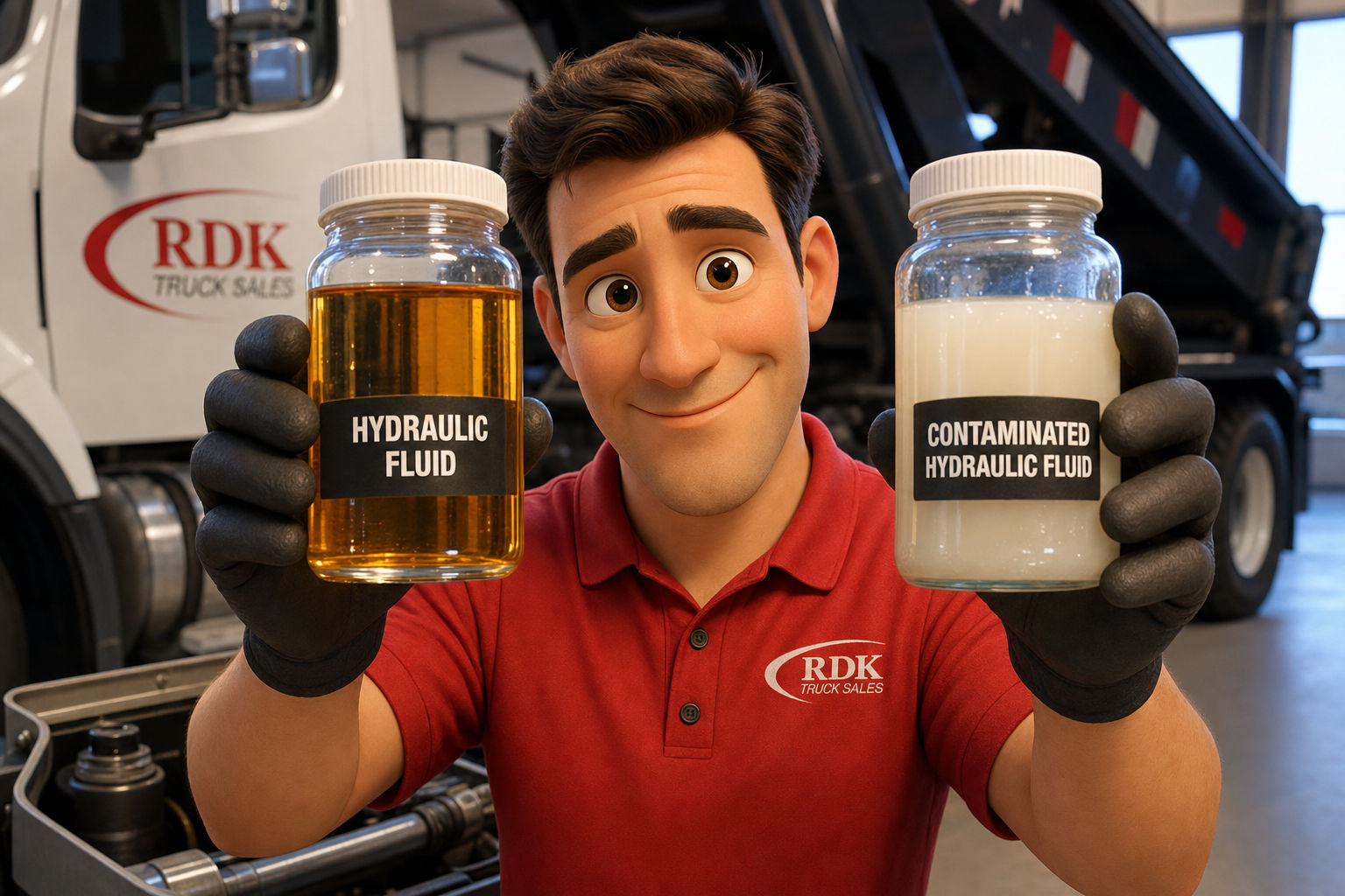 RDK Truck Sales technician holding two hydraulic fluid samples side by side, showing the difference between clean amber fluid and contaminated milky hydraulic fluid.