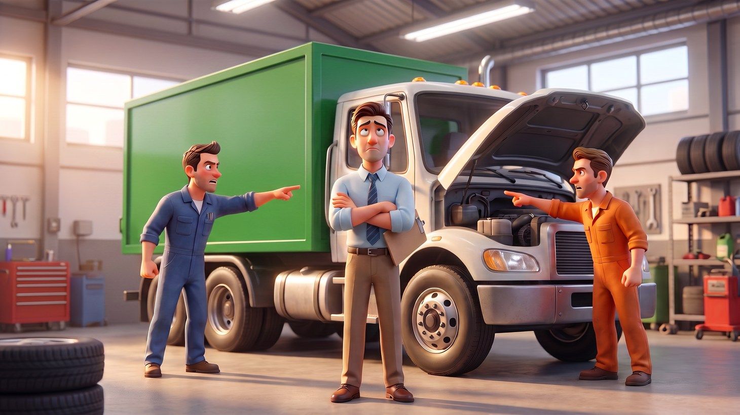 Illustrated mechanics in blue and orange coveralls pointing fingers at each other across a refuse truck while a frustrated fleet manager stands between them holding a clipboard