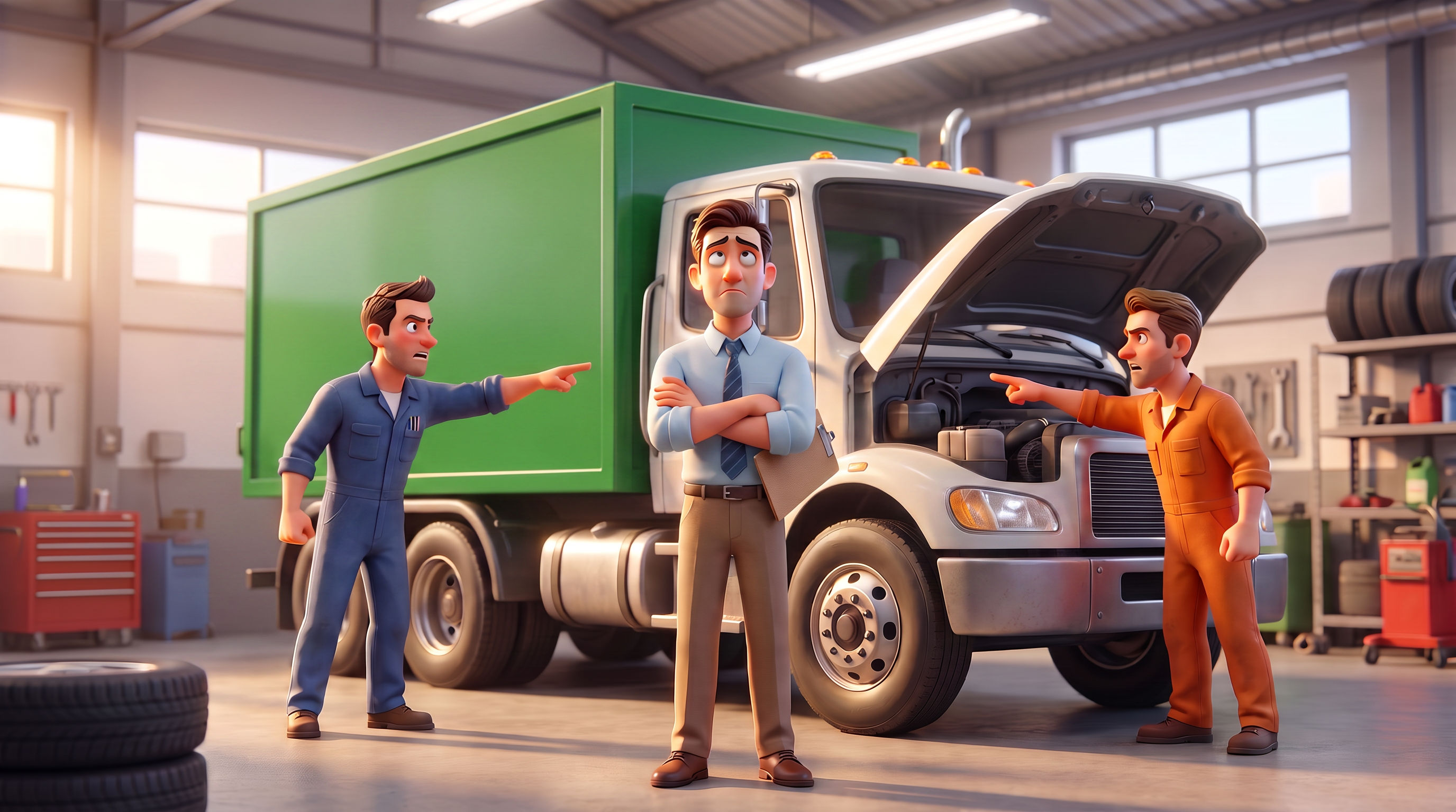Illustrated mechanics in blue and orange coveralls pointing fingers at each other across a refuse truck while a frustrated fleet manager stands between them holding a clipboard