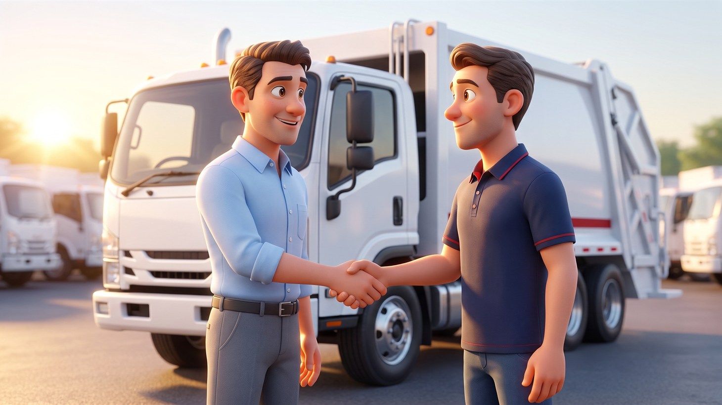 Illustrated fleet manager and RDK representative shaking hands in front of a clean new refuse truck at sunrise, symbolizing an RDK lease partnership