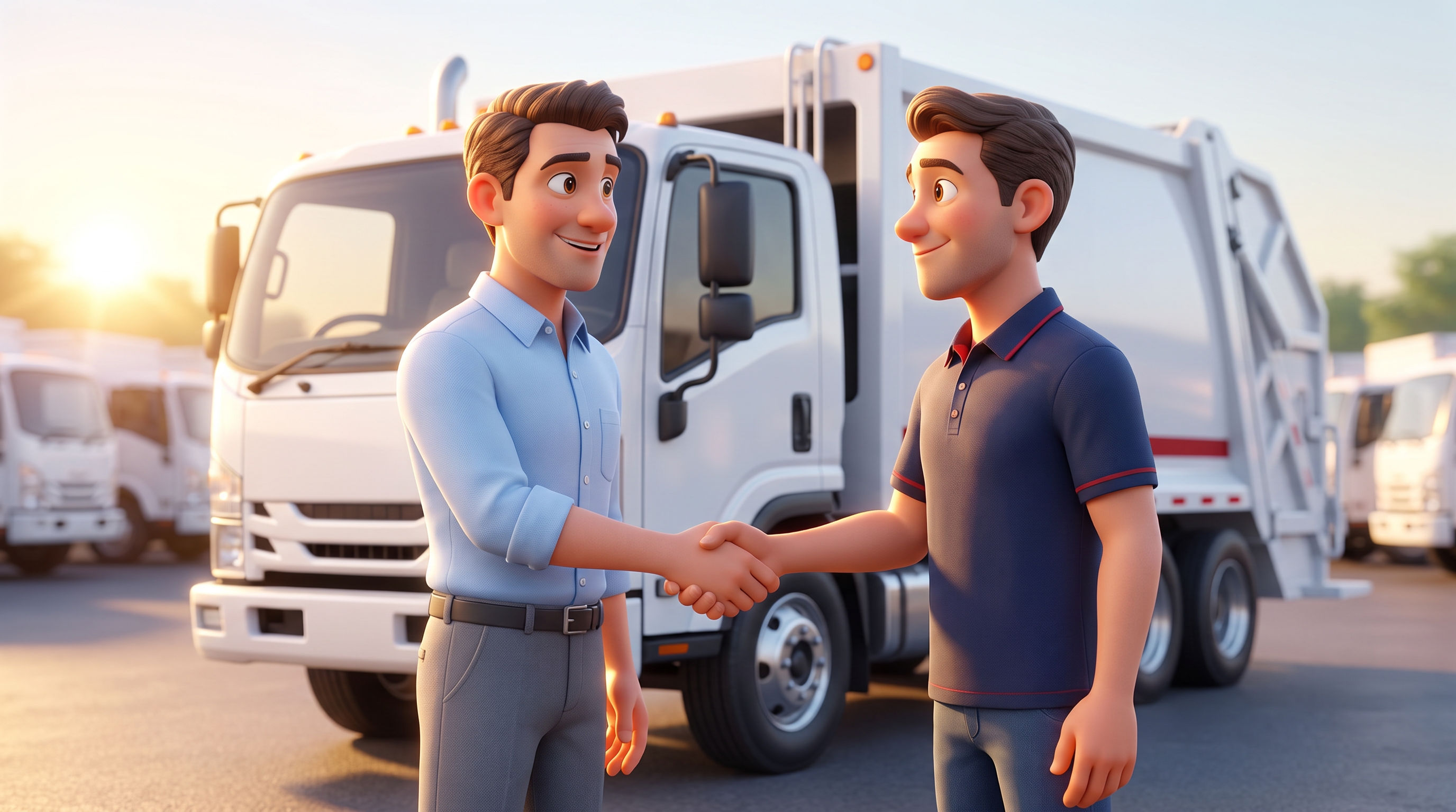 Illustrated fleet manager and RDK representative shaking hands in front of a clean new refuse truck at sunrise, symbolizing an RDK lease partnership
