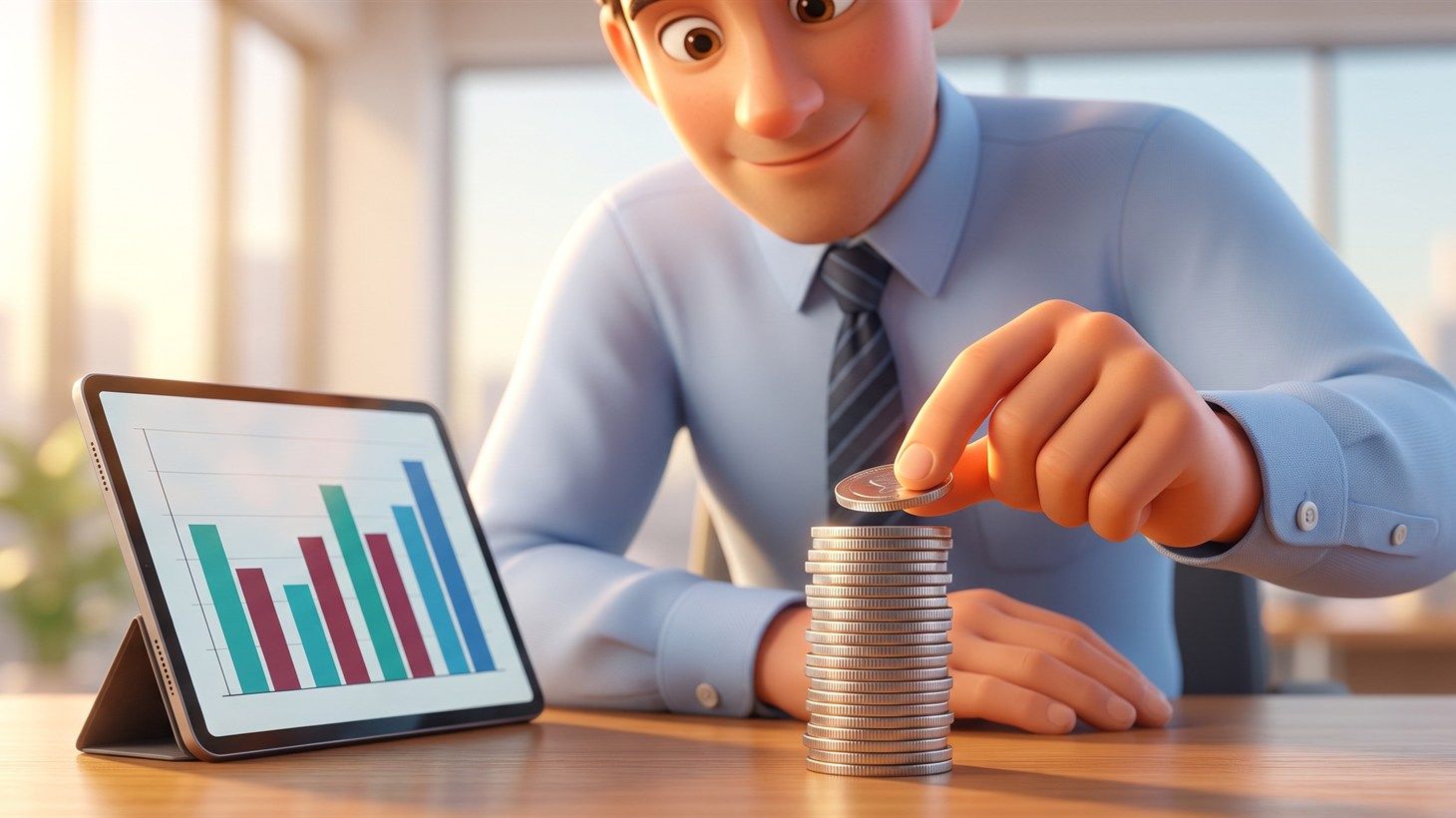 Illustrated fleet manager stacking coins next to a tablet showing a rising financial chart, representing the cost decision between leasing and owning refuse trucks
