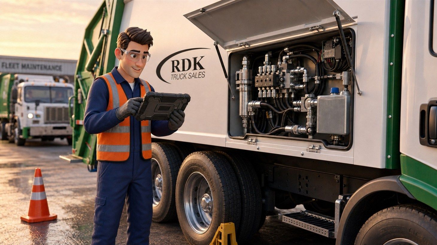 Illustrated technician holding a diagnostic tablet beside an open refuse truck panel revealing hydraulic lines, wiring, and sensor modules