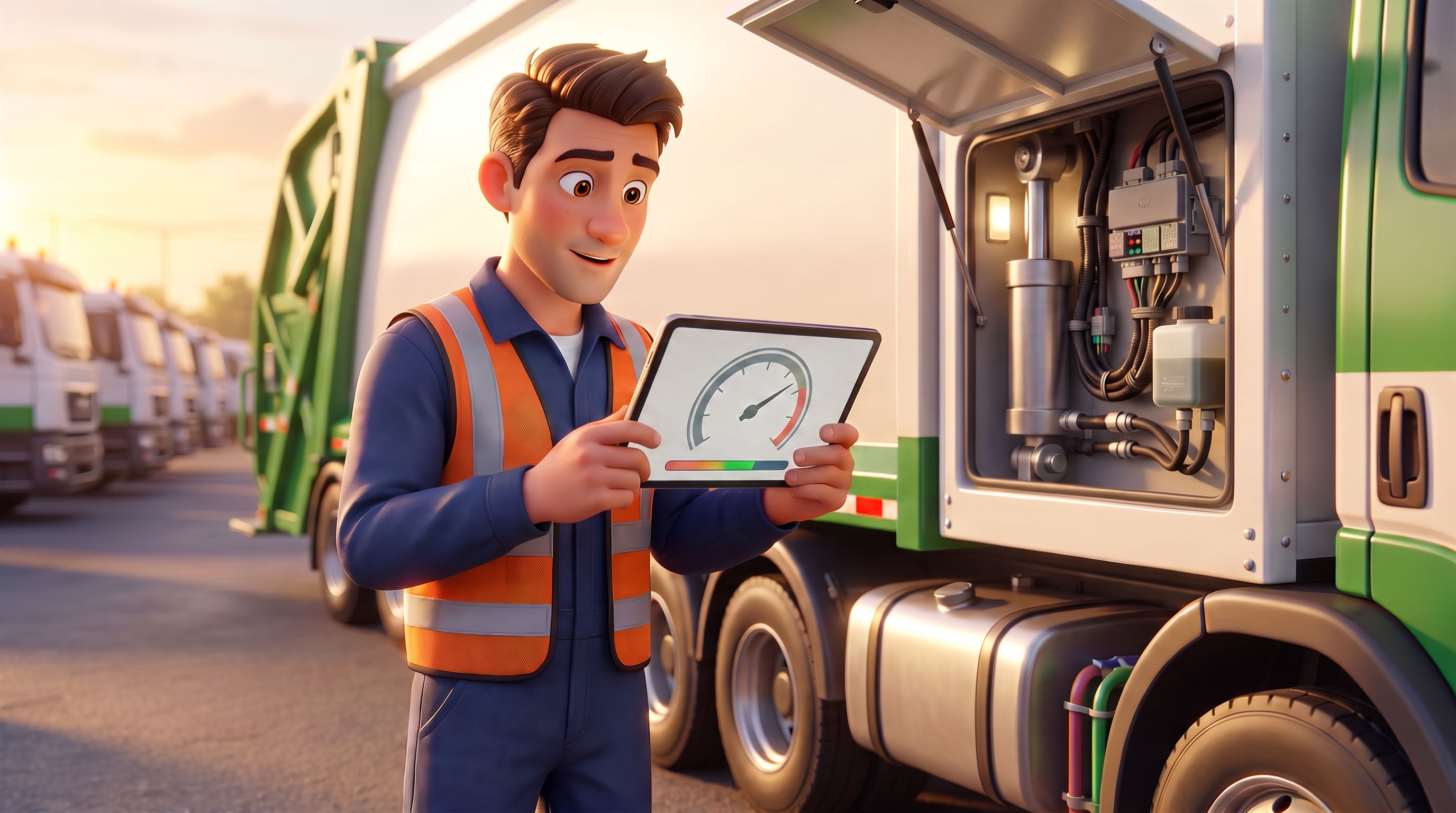 Illustrated technician holding a diagnostic tablet beside an open refuse truck panel revealing hydraulic lines, wiring, and sensor modules