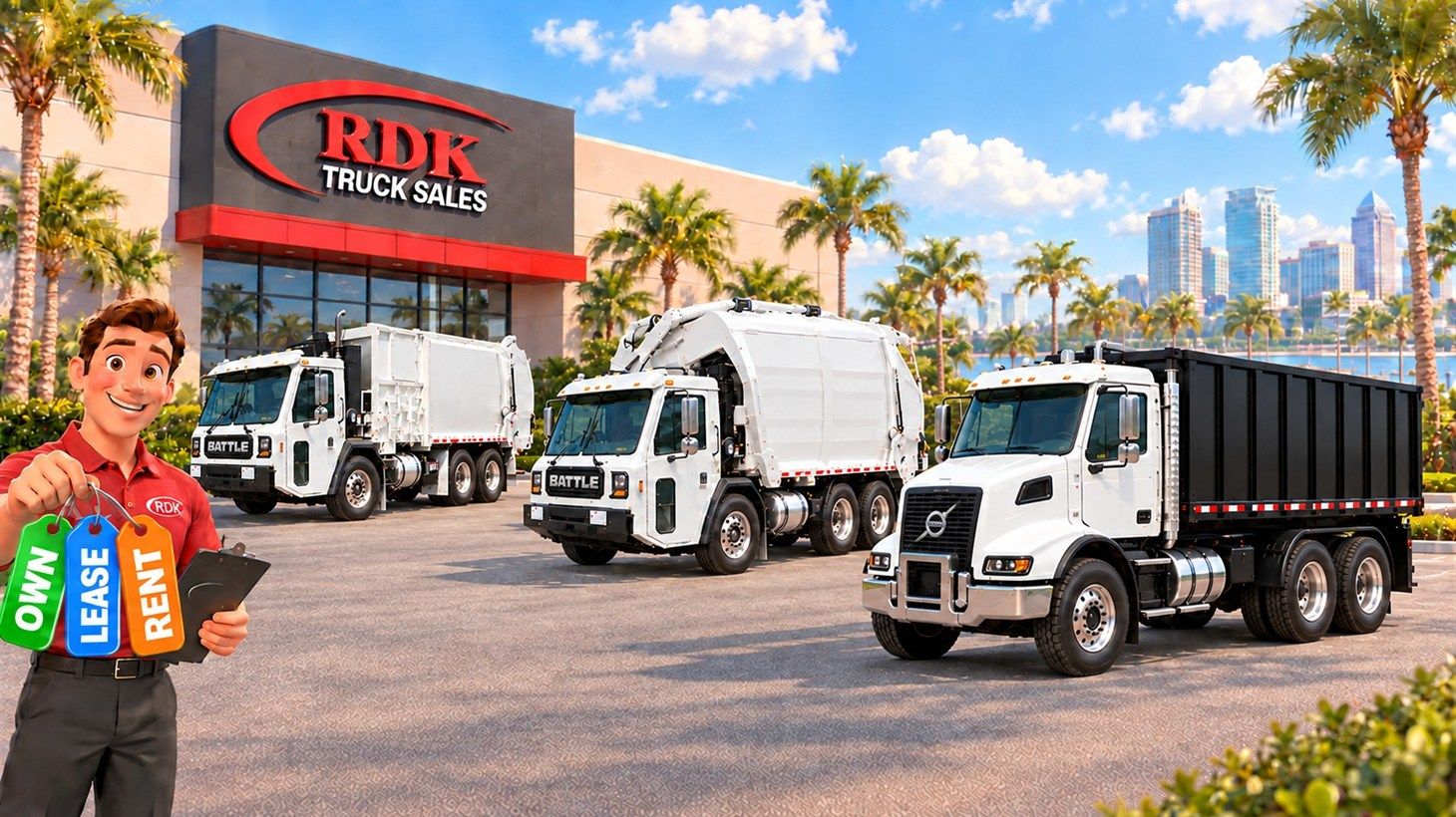 RDK salesman holding OWN, LEASE and RENT key tags in front of the RDK Truck Sales dealership with a side loader, front loader and roll-off parked on the lot