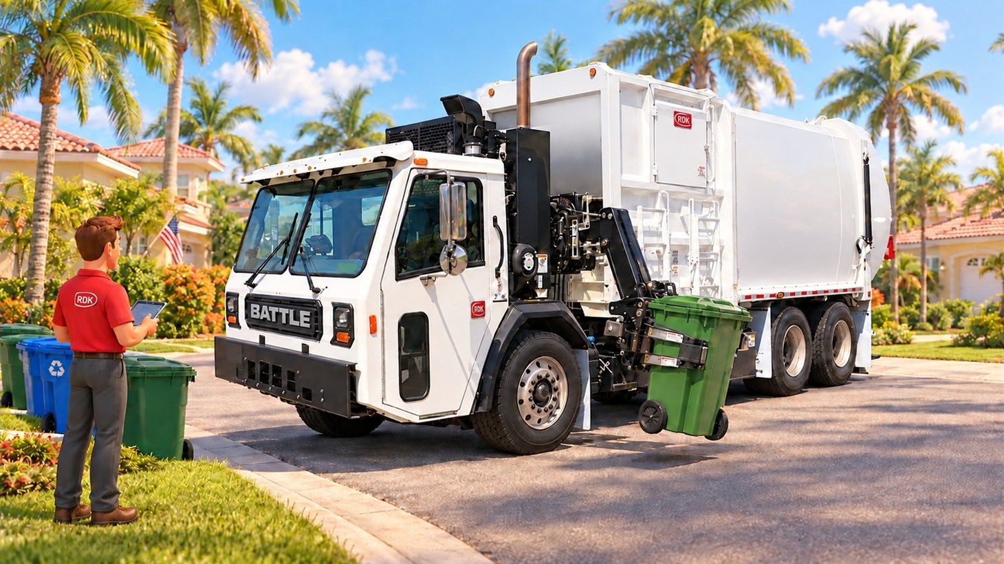 Automated side loader with its arm mounted behind the cab gripping a green roll-out cart at the curb on a residential street