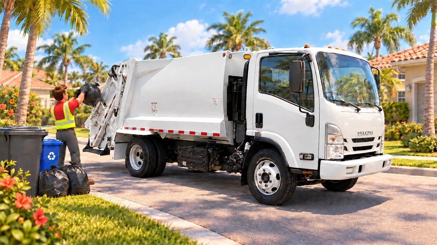 Rear loader at the curb on a residential street while a worker tosses trash bags into the rear hopper