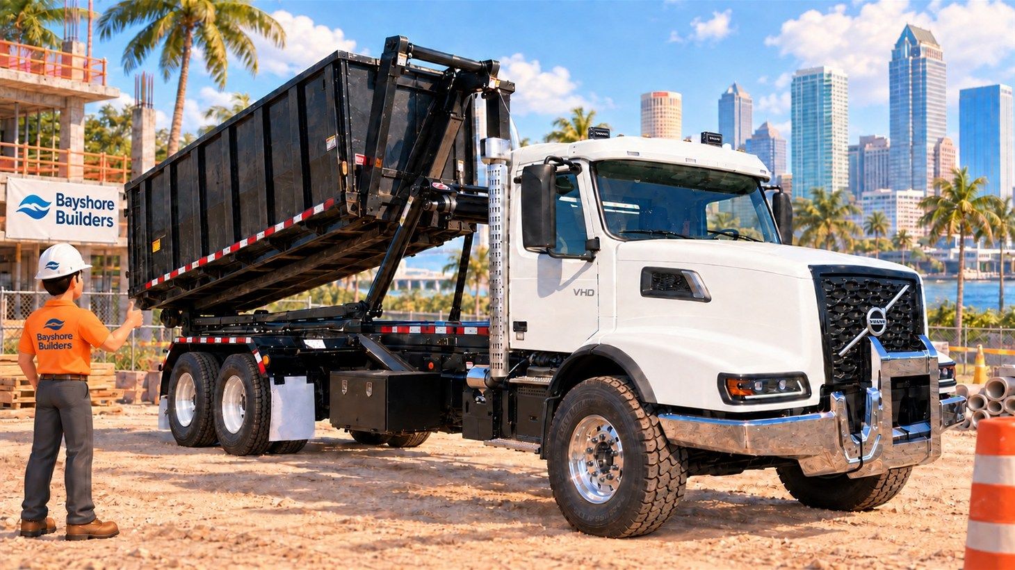 Roll-off truck with its hoist raised sliding a black container onto the rails at a Bayshore Builders construction site in Tampa