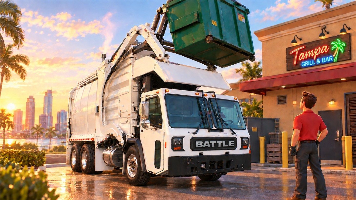 Front loader lifting a green dumpster over the cab behind a Tampa restaurant at dawn