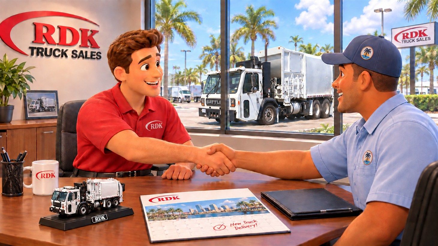 RDK salesman shaking hands with a municipal customer in the RDK Truck Sales office, a refuse truck visible through the window