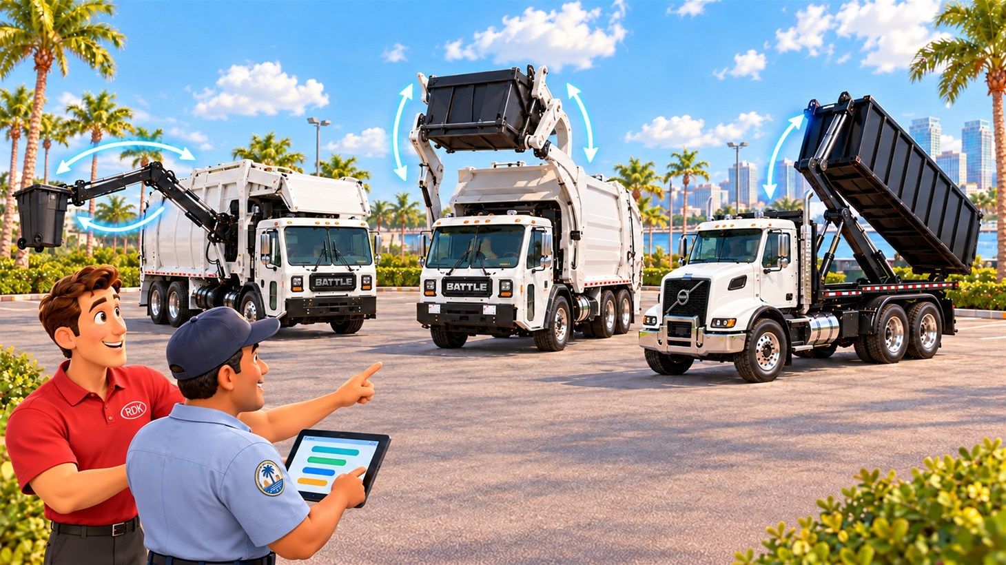 Side loader, front loader and roll-off each mid-stroke with motion arrows while an RDK salesman and a municipal customer review a tablet