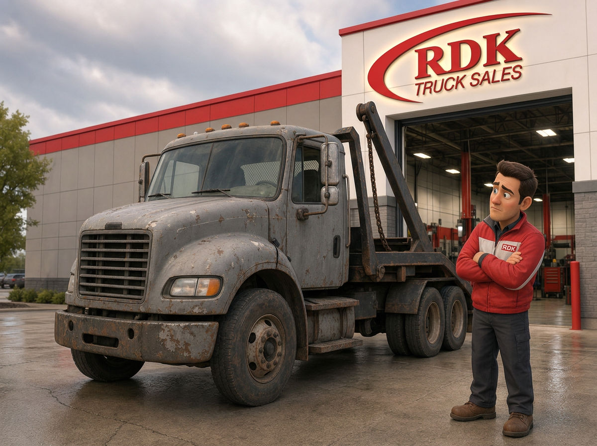 Pixar-style cartoon illustration of a worn, rusted roll-off truck parked outside the RDK Truck Sales service bay while a concerned RDK technician in a red jacket crosses his arms and surveys the wear, with red and white RDK Truck Sales signage above the open bay door