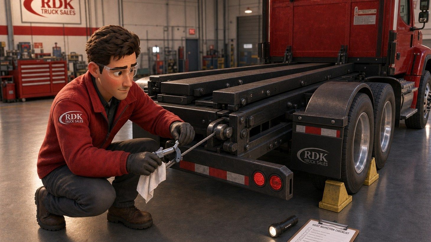 Pixar-style cartoon illustration of an RDK technician crouched at the rear of a roll-off truck closely examining a hoist cable running over a sheave pulley for wear