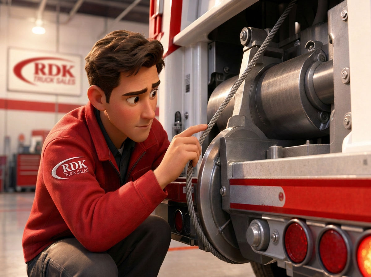 Pixar-style cartoon illustration of an RDK technician crouched at the rear of a roll-off truck closely examining a hoist cable running over a sheave pulley for wear