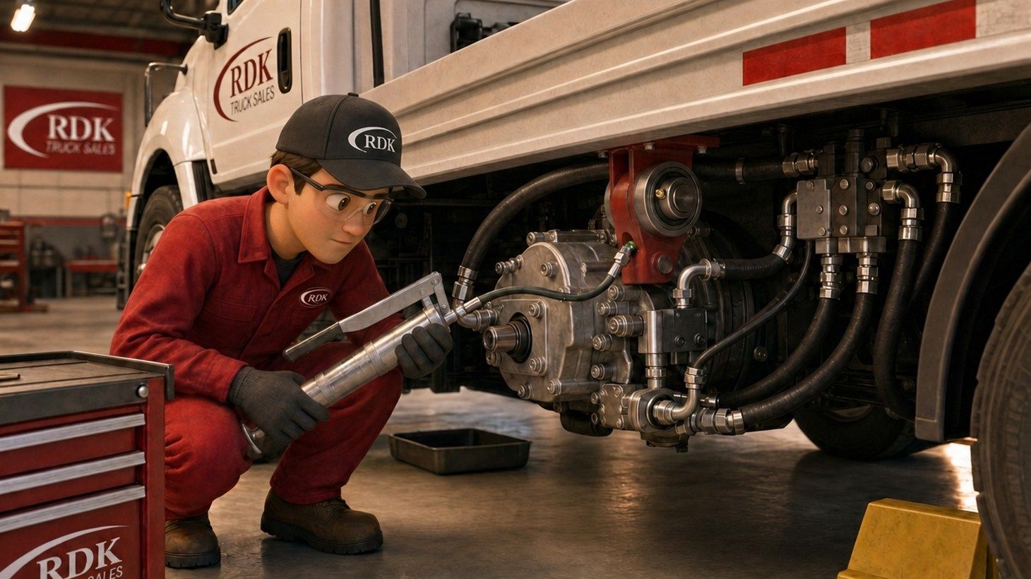 Pixar-style cartoon illustration of an RDK technician in red coveralls and an RDK cap pressing a grease gun nozzle against a side roller fitting on a roll-off truck hoist rail inside the RDK service bay