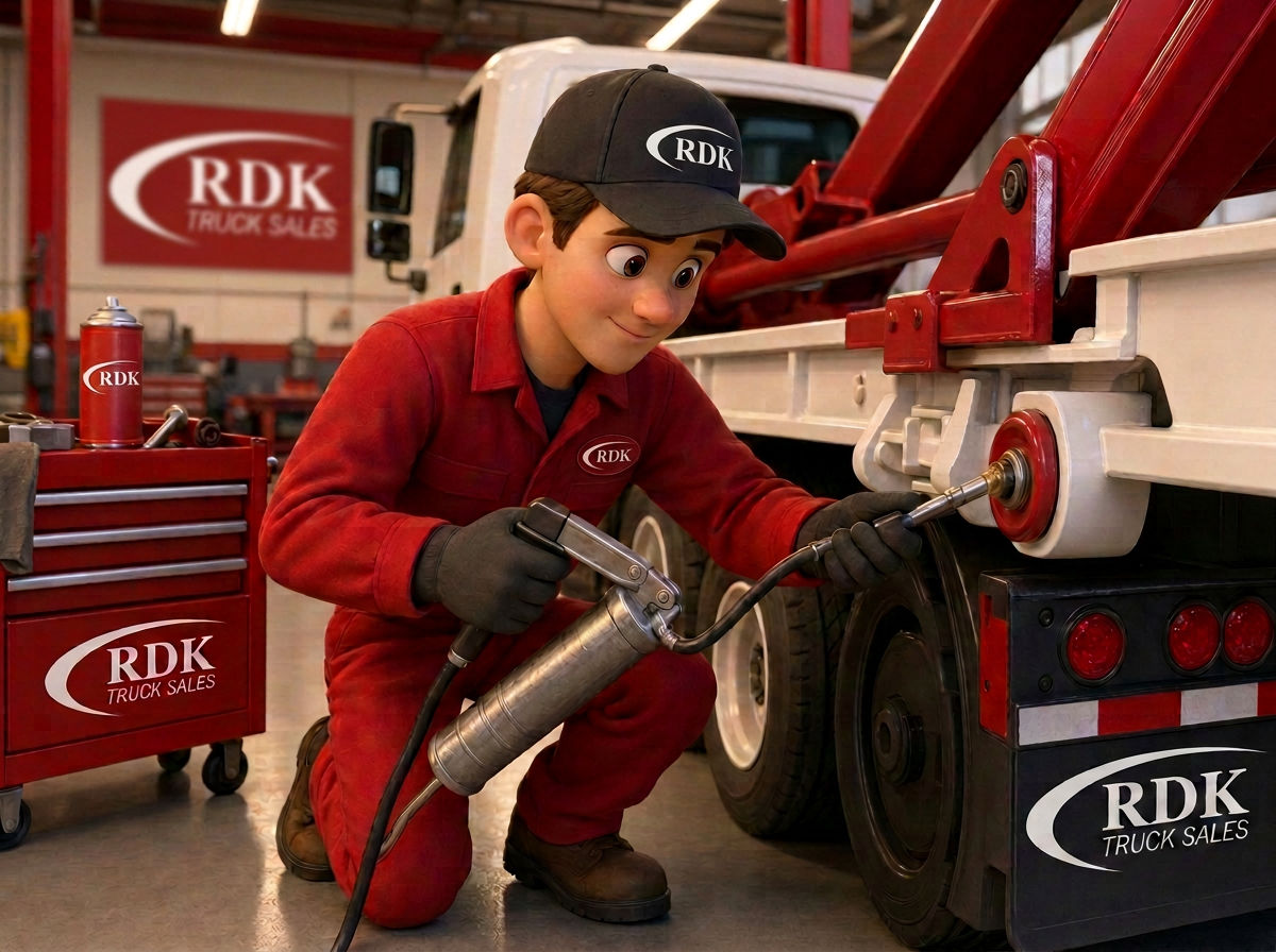 Pixar-style cartoon illustration of an RDK technician in red coveralls and an RDK cap pressing a grease gun nozzle against a side roller fitting on a roll-off truck hoist rail inside the RDK service bay