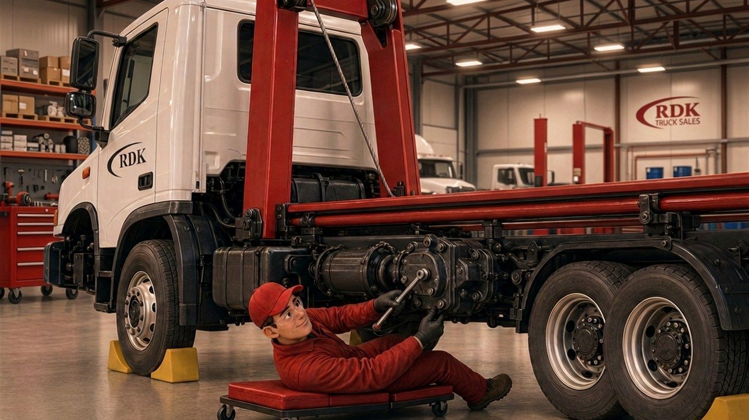 Pixar-style cartoon illustration of an RDK technician lying on a mechanic creeper under a lifted roll-off truck, using a torque wrench on the PTO mounting bolts near the transmission housing