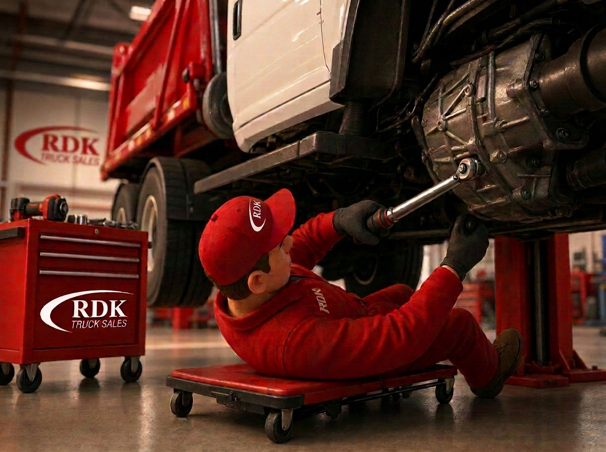 Pixar-style cartoon illustration of an RDK technician lying on a mechanic creeper under a lifted roll-off truck, using a torque wrench on the PTO mounting bolts near the transmission housing