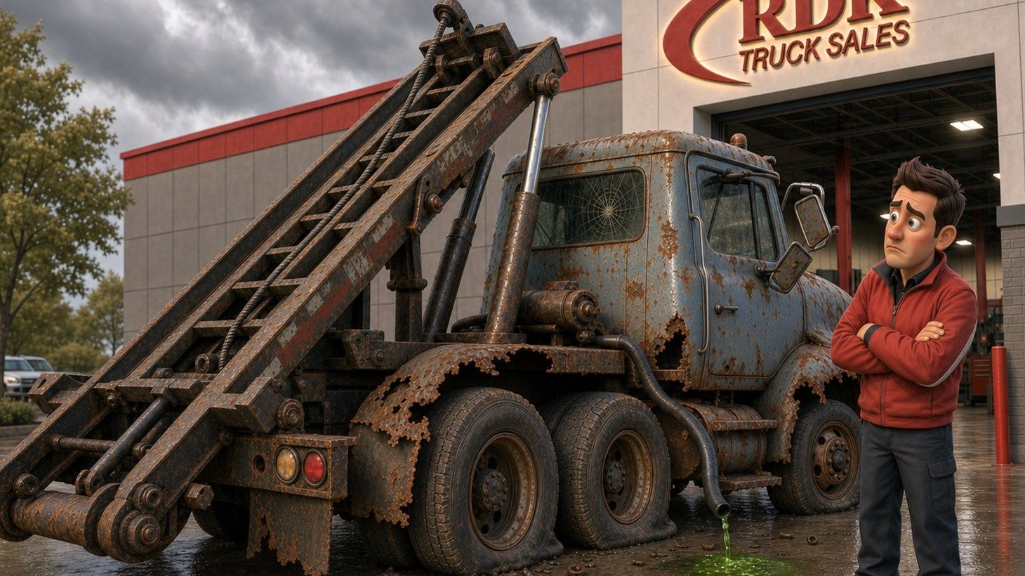 Pixar-style cartoon illustration of a worn, rusted roll-off truck parked outside the RDK Truck Sales service bay while a concerned RDK technician in a red jacket crosses his arms and surveys the wear, with red and white RDK Truck Sales signage above the open bay door