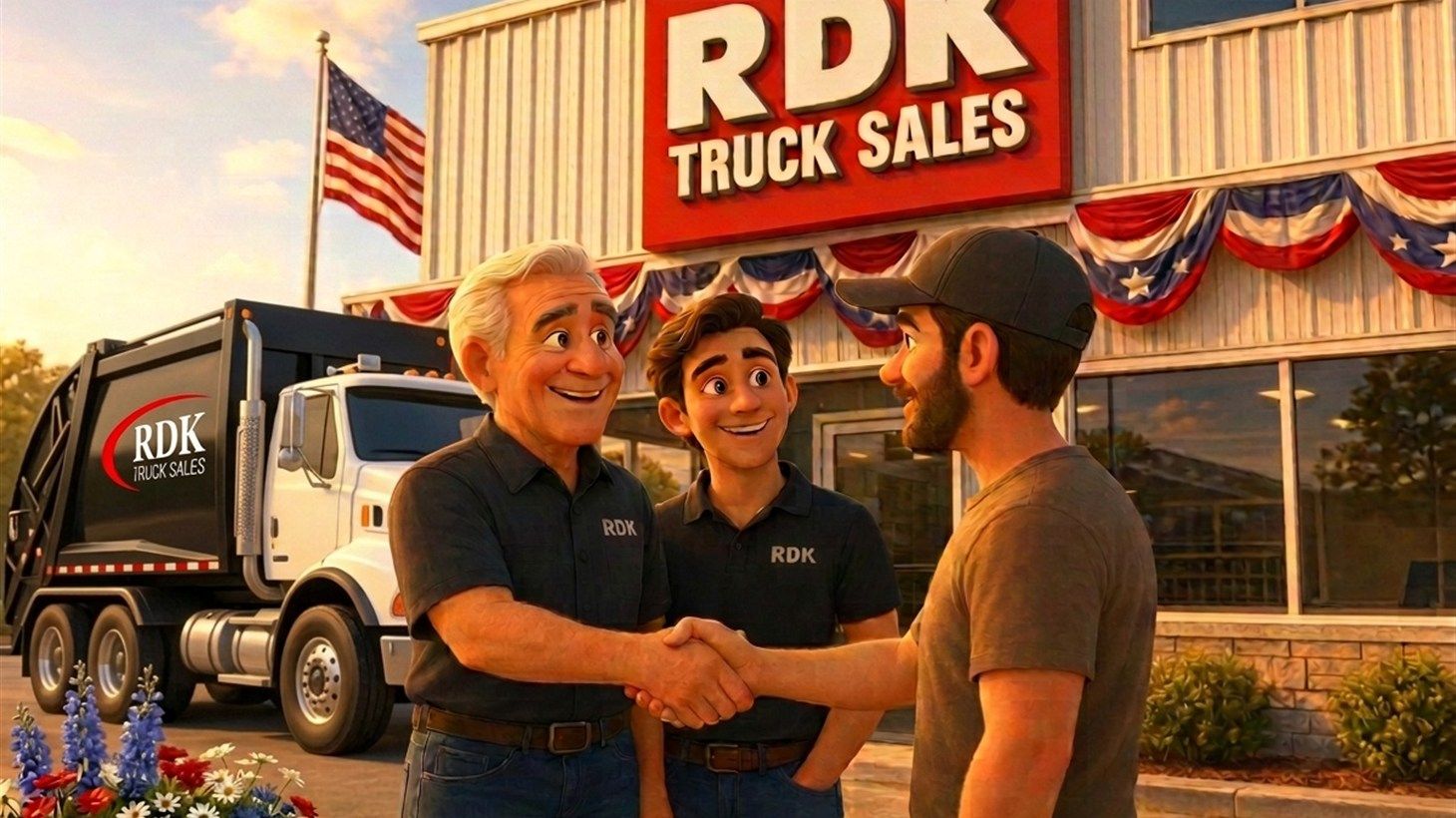 Pixar-style illustration of RDK Truck Sales team members shaking hands with a customer outside the dealership, decorated with patriotic red, white, and blue bunting, representing partnership and taking care of customers and vendors.
