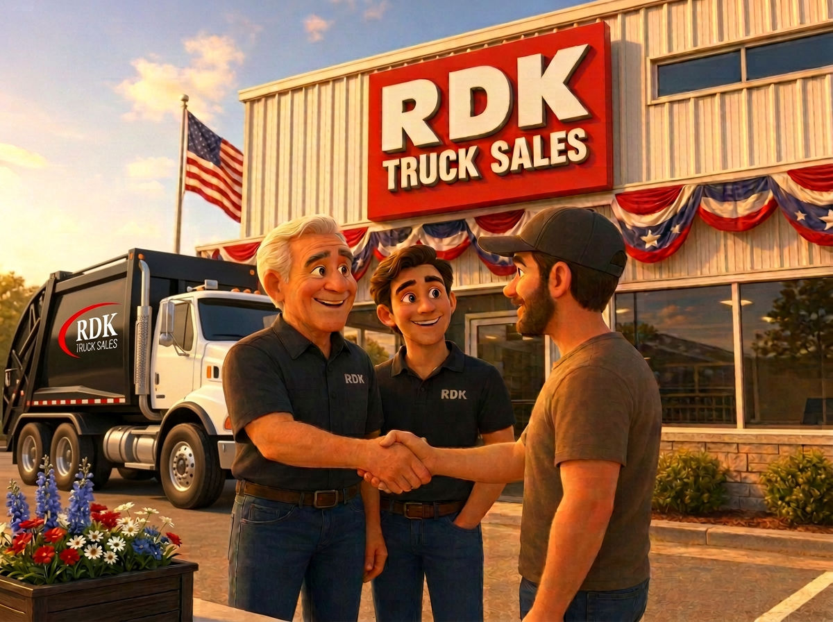 Pixar-style illustration of RDK Truck Sales team members shaking hands with a customer outside the dealership, decorated with patriotic red, white, and blue bunting, representing partnership and taking care of customers and vendors.