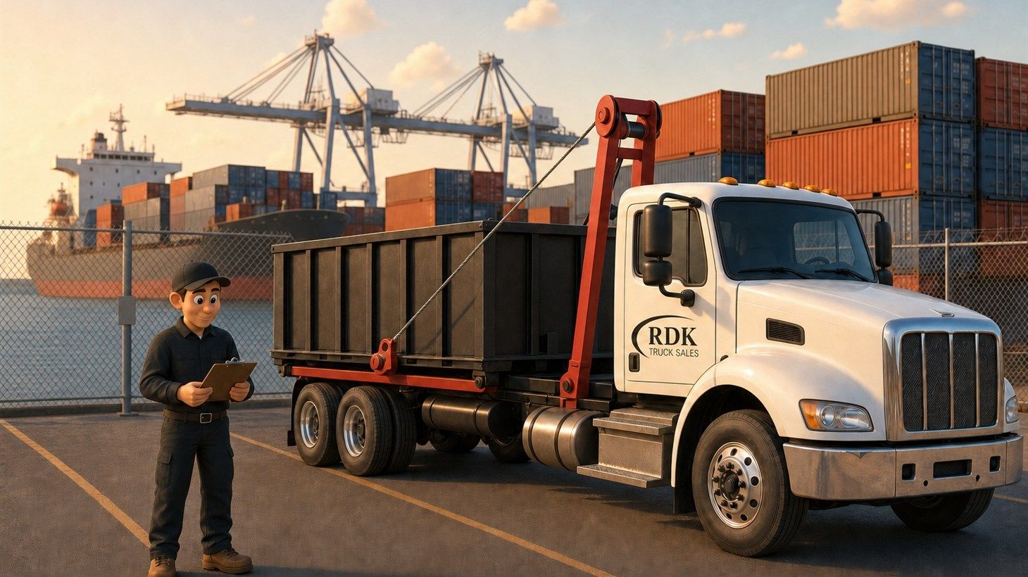 Pixar-style illustration of an RDK Truck Sales team member reviewing a clipboard beside a roll-off truck at a shipping port, with stacked cargo containers and a loading crane in the background, representing the global trade tariffs affect.