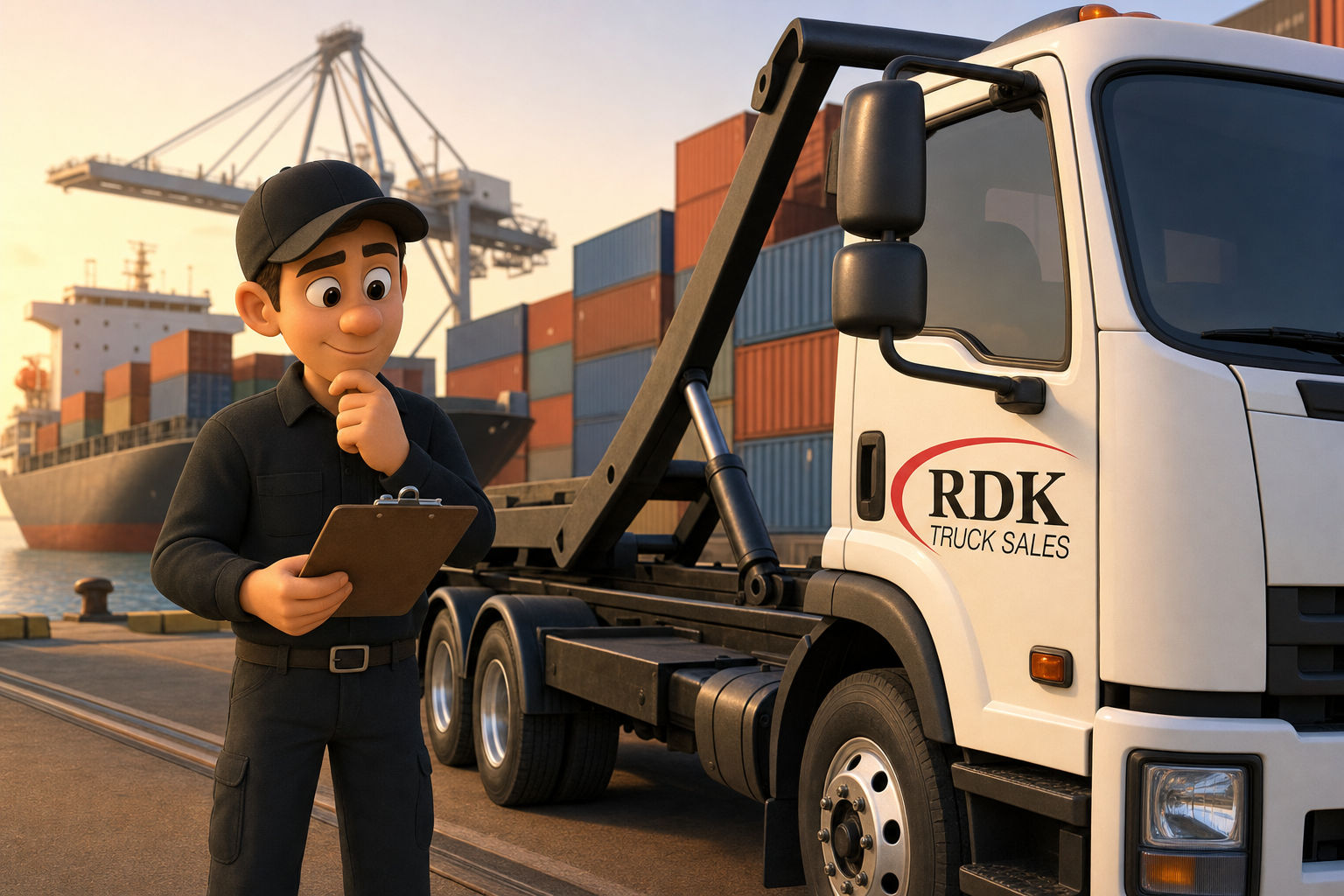 Pixar-style illustration of an RDK Truck Sales team member reviewing a clipboard beside a roll-off truck at a shipping port, with stacked cargo containers and a loading crane in the background, representing the global trade tariffs affect.