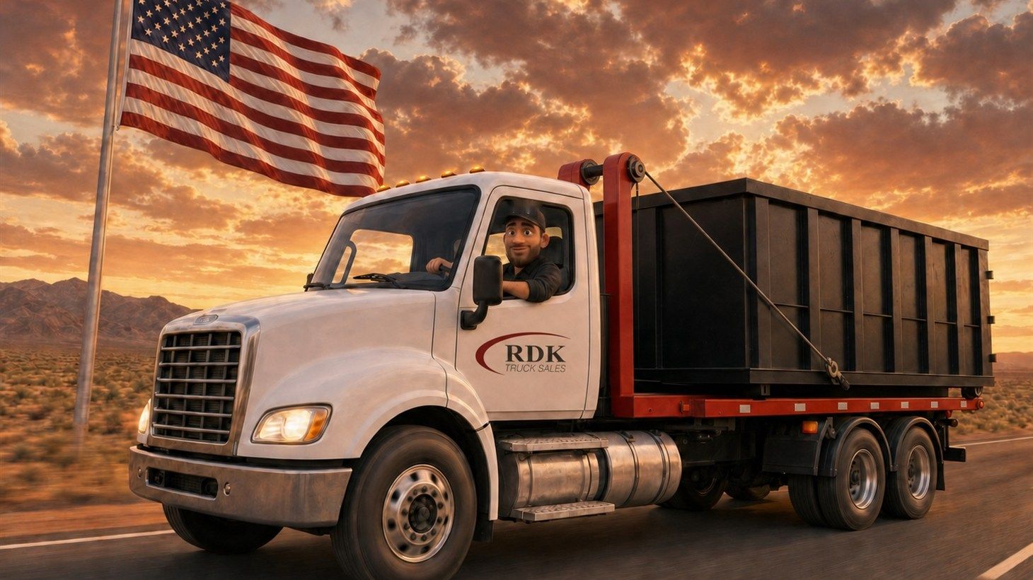 Pixar-style illustration of a smiling RDK Truck Sales driver behind the wheel of a white roll-off truck driving down a sunset highway, with a large American flag waving in the foreground, symbolizing steady forward momentum through tariff uncertainty.