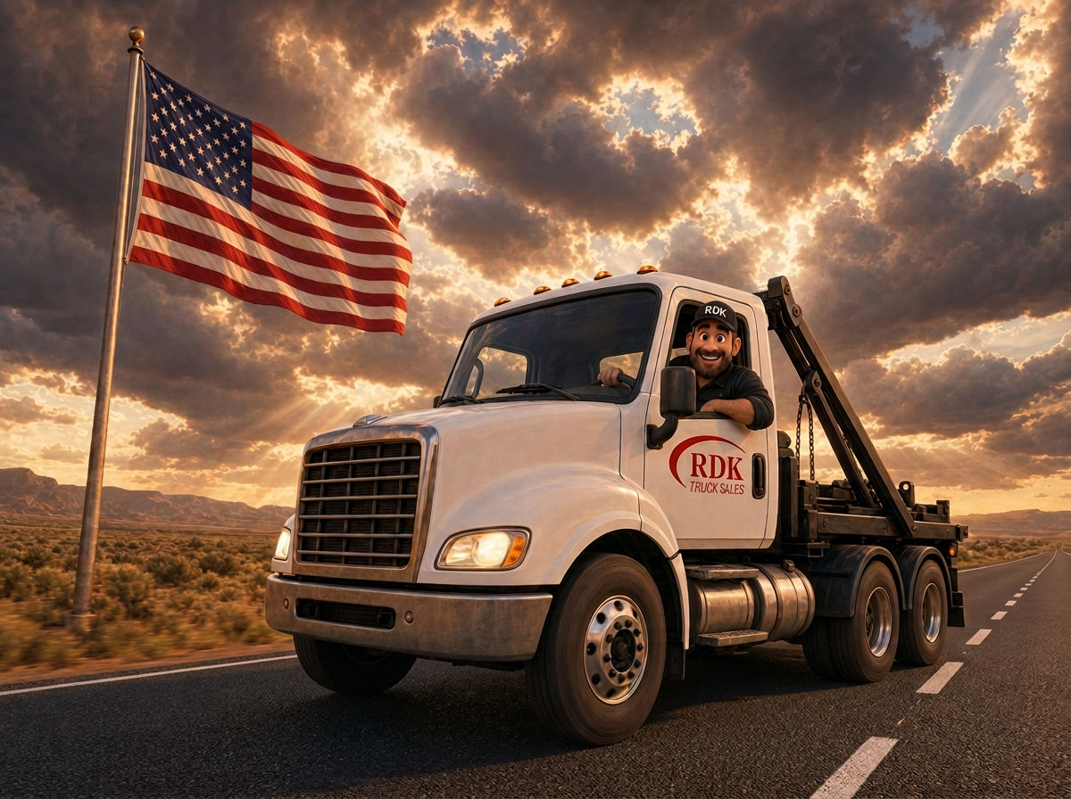 Pixar-style illustration of a smiling RDK Truck Sales driver behind the wheel of a white roll-off truck driving down a sunset highway, with a large American flag waving in the foreground, symbolizing steady forward momentum through tariff uncertainty.